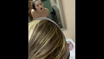 Brunette With Long Hair Enjoys Creampie In Public Restroom