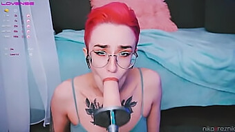 A charming tomboy enjoys oral pleasure from a fucking machine