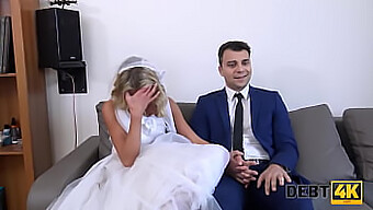 A debt collector and a bride engage in sexual activity after a wedding, with the bride wearing a white dress and stockings